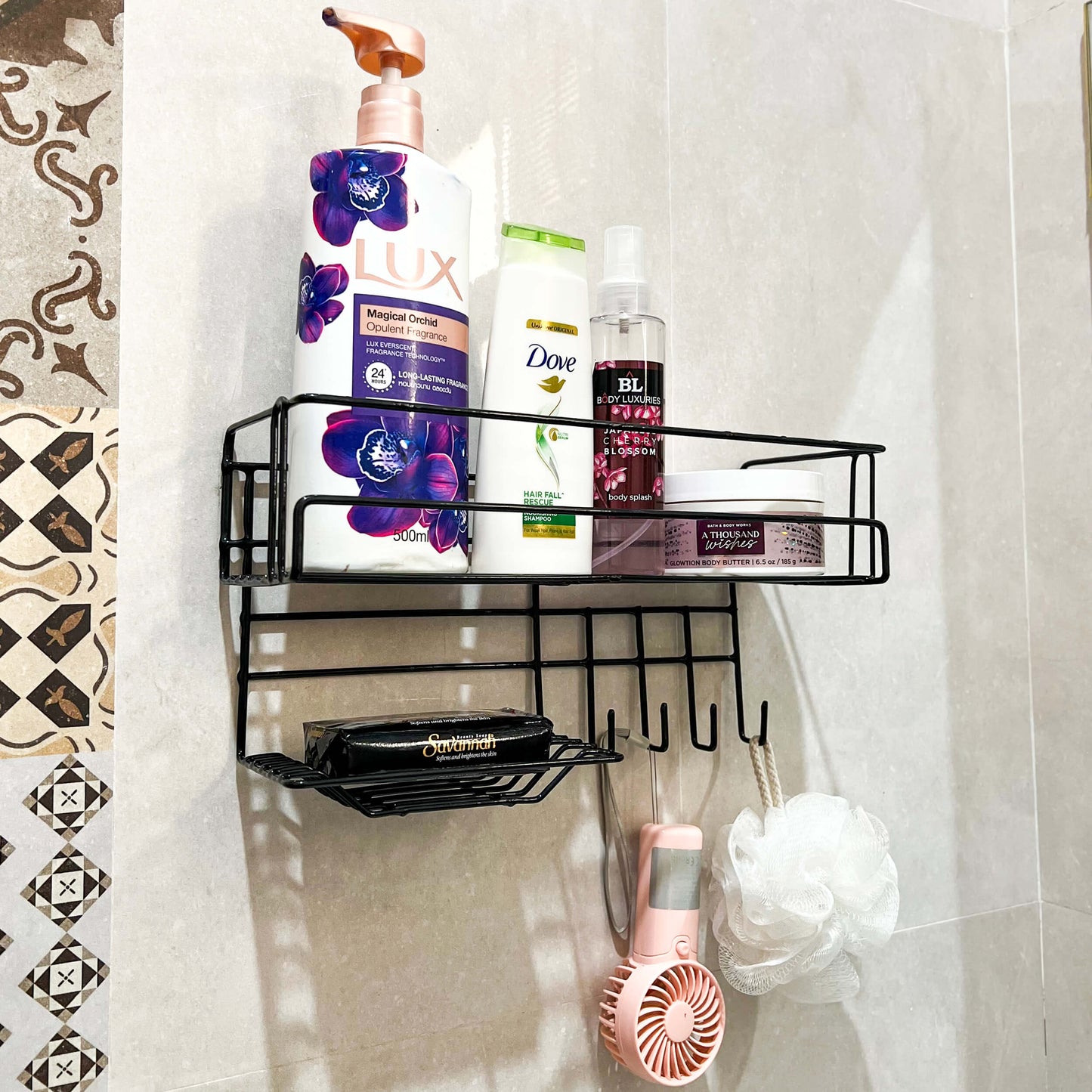 Bathroom Storage Shelf with Hooks and Soap Dish
